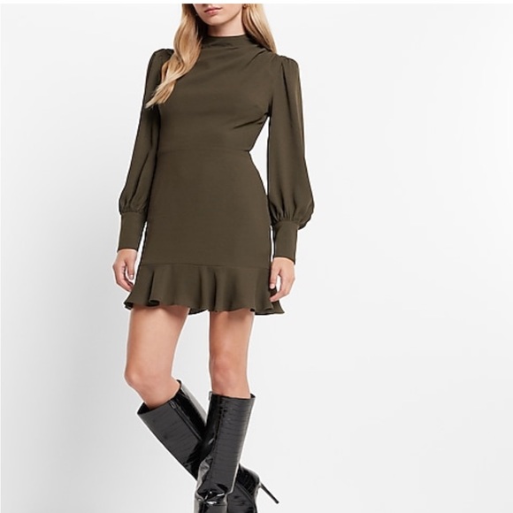 Express Olive Green Mock Neck Ruffle Mini Dress - Picture 2 of 5